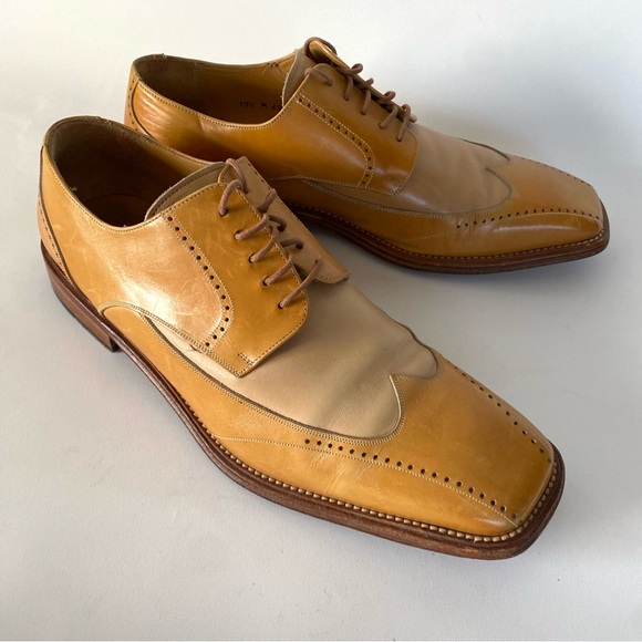 MEZLAN men’s Oxford 10.5 M Two Tone Lace Up Tan Leather Square Toe Dress Shoes - Picture 1 of 12